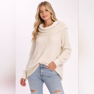 Free People By Your Side Ivory Cream Cowl Neck Sweater Oversized Small